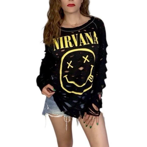 Destroyed Ripped NIRVANA Retro Vintage 90s Grunge Rock Long Sleeve Shirt Size L - Picture 1 of 11